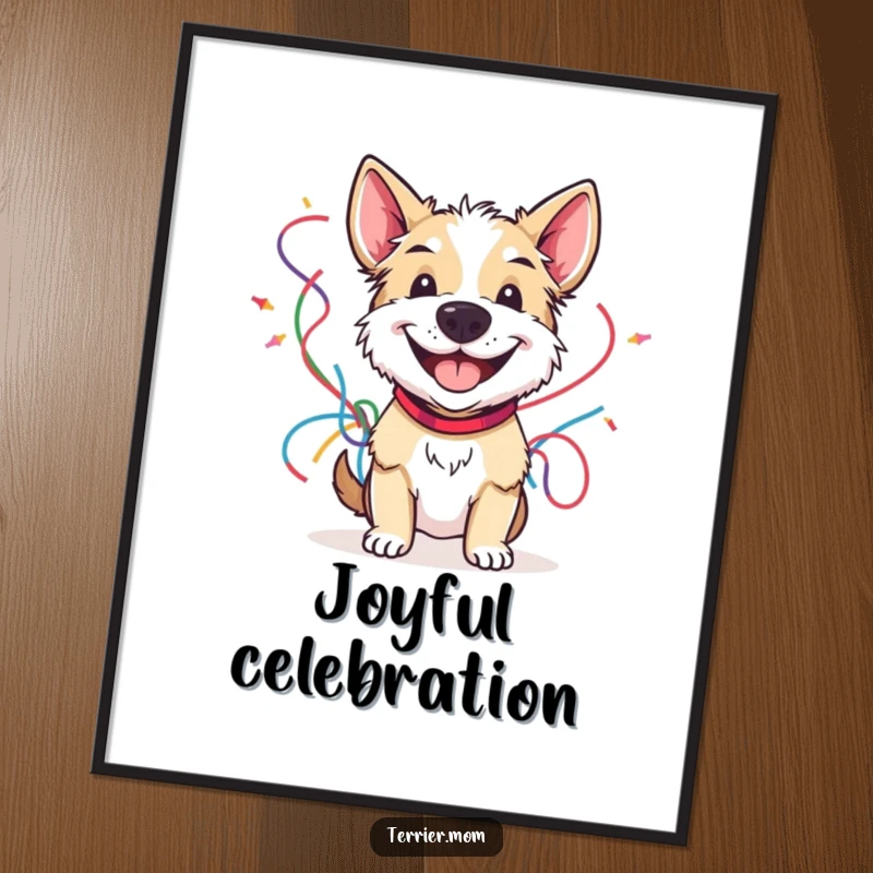 Funny poster art of a grinning terrier holding a bunch of colorful streamers, adding a festive and cheerful vibe to any room.