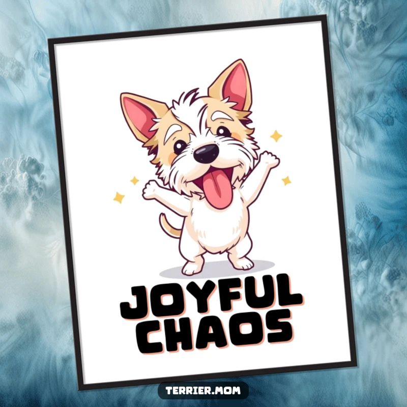 Funny terrier poster of a dog dancing wildly with its tongue out, capturing energetic movement and pure joy.