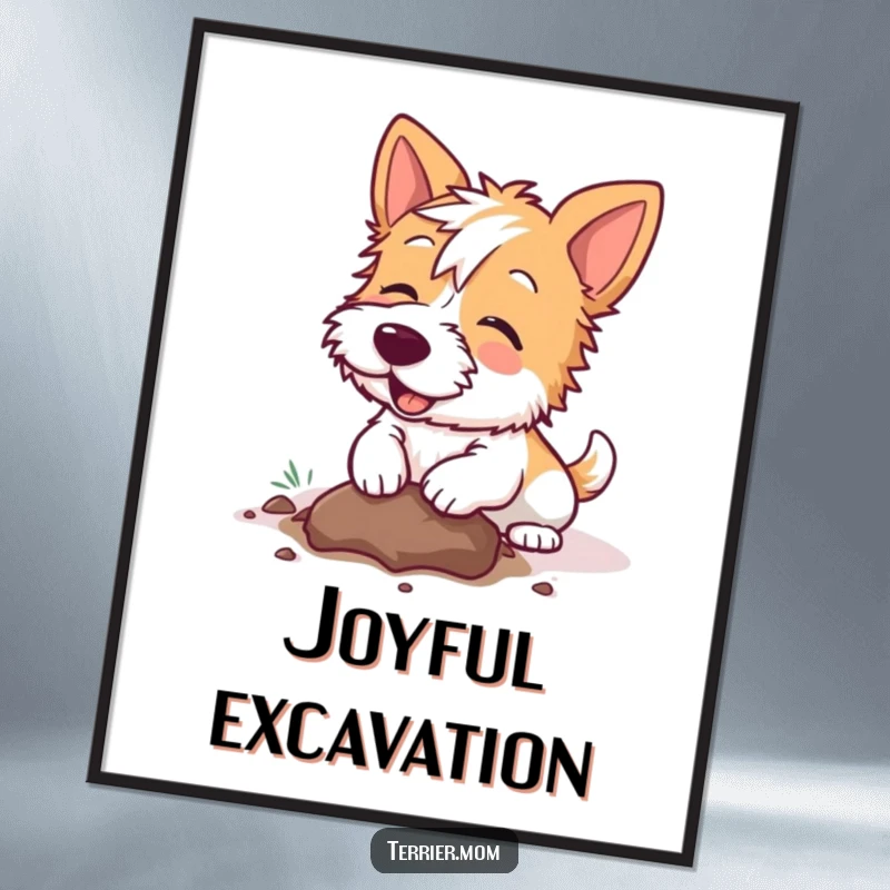 Funny Kawaii Terrier dog poster, vibrant and fun, showing a dog joyfully digging a hole, ideal wall art for animal lovers.