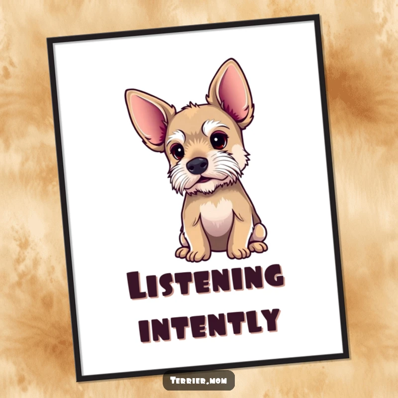 Funny terrier poster with enormous ears, showing a dog straining to listen intently to a distant, intriguing sound.