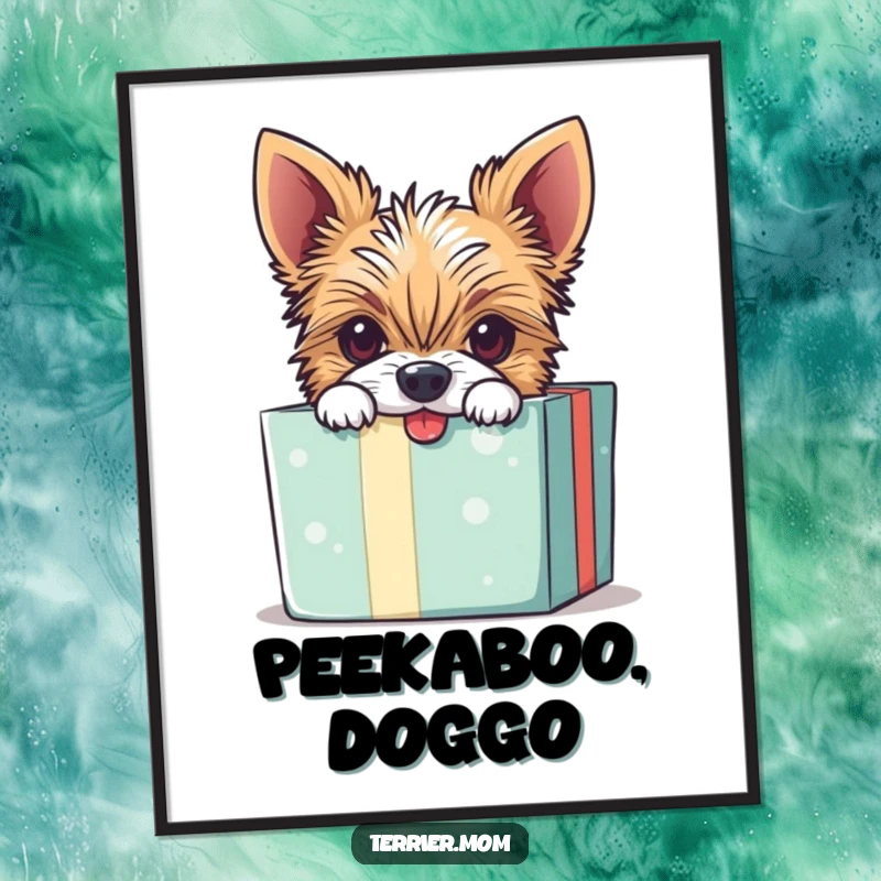 Funny poster art featuring a mischievous Terrier dog peeking out of a gift box with curious eyes.