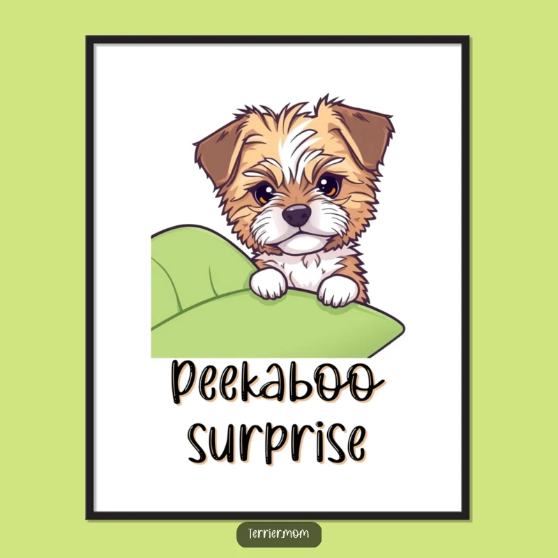Funny Dog Poster: Tousled pup peeks from leaf, charming wall art, great gift.