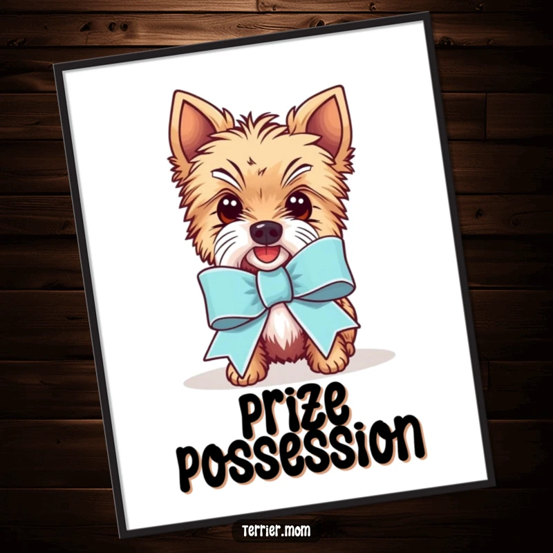 Funny Kawaii Terrier dog poster, depicting the happy character proudly wearing a comically huge celebration ribbon, radiating festive cheer.