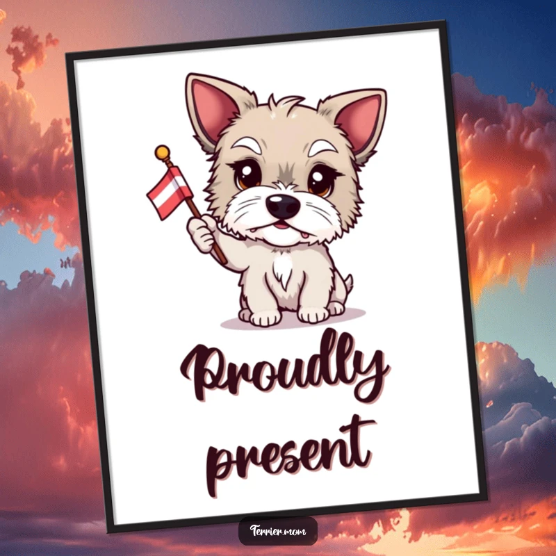 Funny Terrier poster, proud dog, waving flag, patriotic pet, humorous wall art, pet decor, wonderful funny gift.