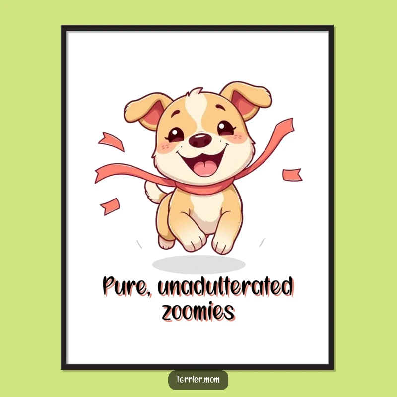 Funny Dog Poster: Energetic Pup's Ribbon Chase, Hilarious Wall Art Gift