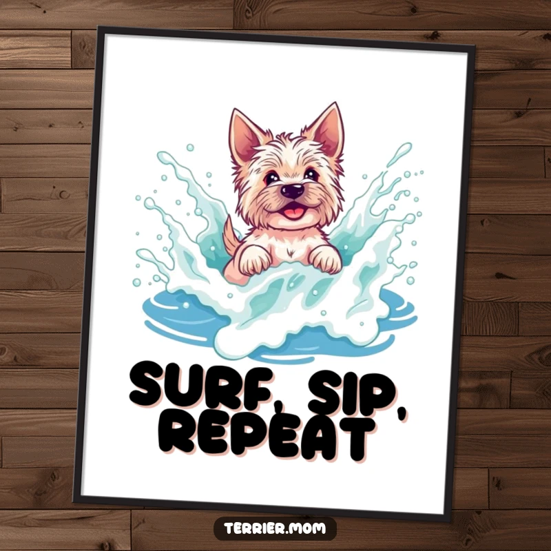 Funny terrier poster featuring a dog joyfully splashing in a foamy ocean wave, embodying pure beachside happiness.