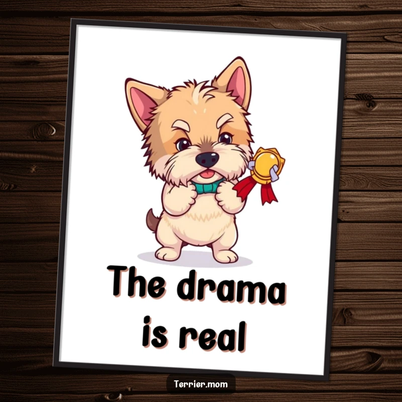 Funny terrier poster, a dog bowing dramatically after an imaginary triumph, capturing a moment of pure comedic theater in art.