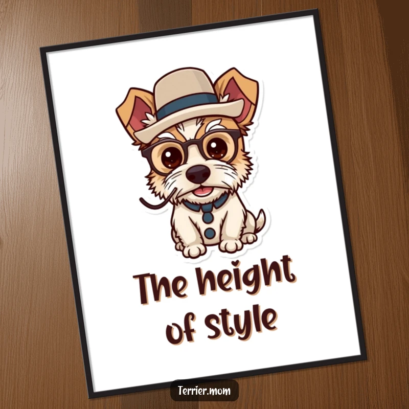 Funny dapper terrier poster illustrating a dog in a monocle and top hat, looking very distinguished.