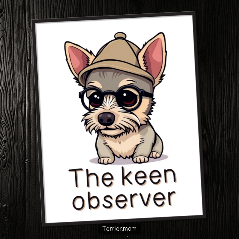 Funny detective terrier poster depicting a dog in a tiny hat, peering closely with a magnifying glass, bringing a humorous investigative vibe to walls.