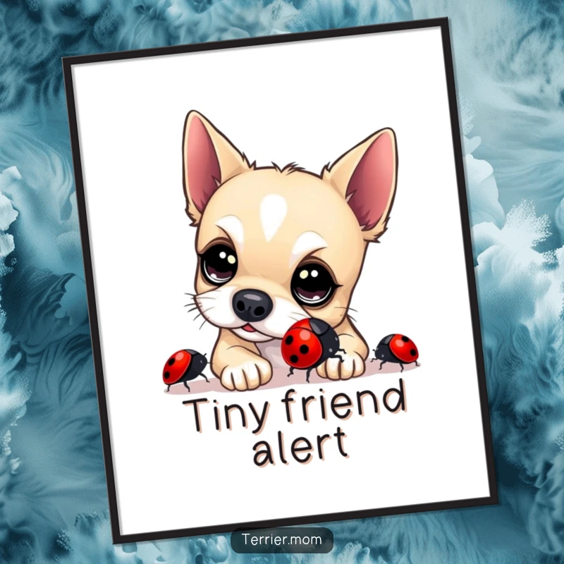 Funny Terrier Poster: A visually engaging print of a curious terrier with bright eyes examining a shiny ladybug, creating a humorous wall art piece.