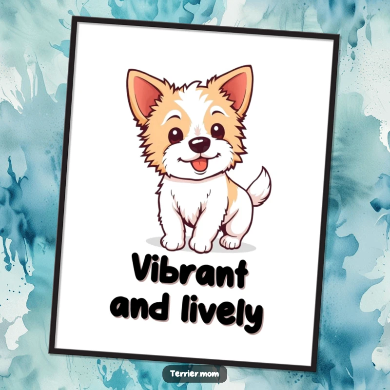 Funny Kawaii Terrier Poster: An art print of an energetic dog with perky ears wagging its tail, radiating pure happiness.