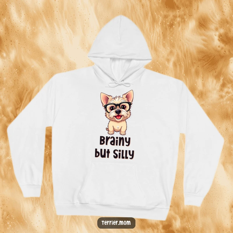 Funny Hoodie featuring a playful Terrier dog wearing funny glasses and tilting its head, perfect for staying warm and looking smart.