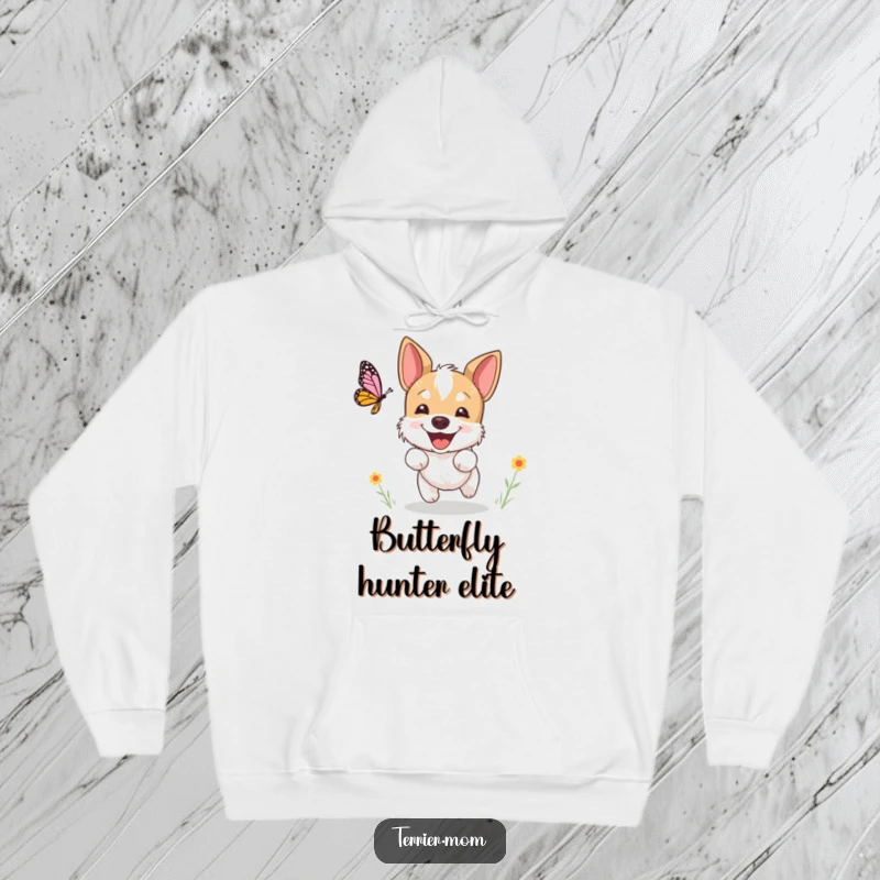Funny terrier hoodie, a dog excitedly chasing a butterfly with a happy expression, perfect cozy funny gift.