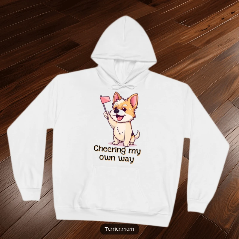Funny hoodie featuring a spirited Terrier dog excitedly waving a small flag, embodying boundless enthusiasm and a zest for life.