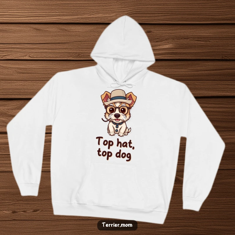 Funny dapper terrier hoodie showcasing a dog in a monocle and elegant top hat.