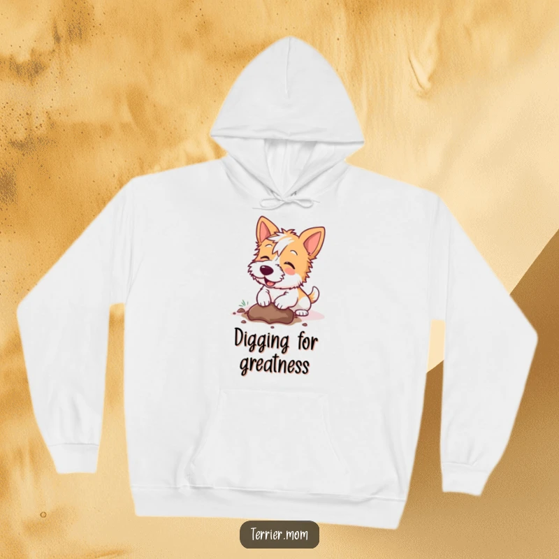 Funny Kawaii Terrier dog hoodie, soft and warm, showcasing a dog joyfully digging a hole, ideal for cozy relaxation and humor.