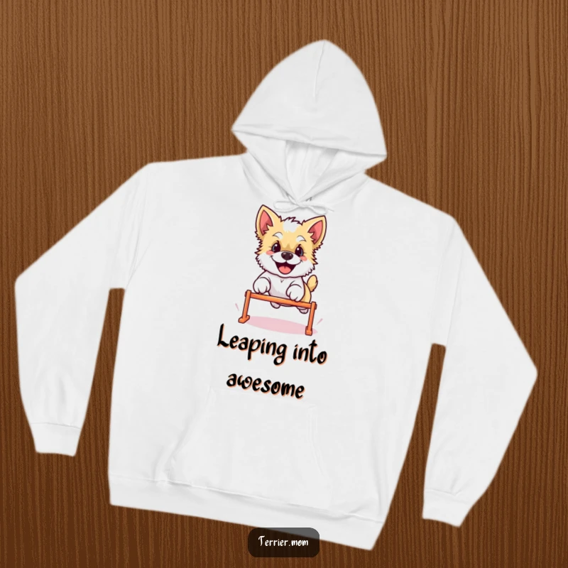Funny Kawaii Terrier dog hoodie, showing the adorable character mid-leap over a tiny hurdle, radiating happiness and comfort.