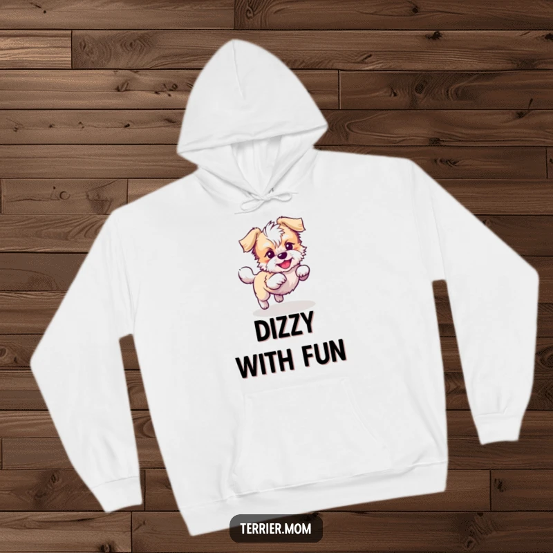 Funny Kawaii Terrier dog hoodie, soft and warm, showcasing a playful dog chasing its tail in circles, ideal for cozy times.