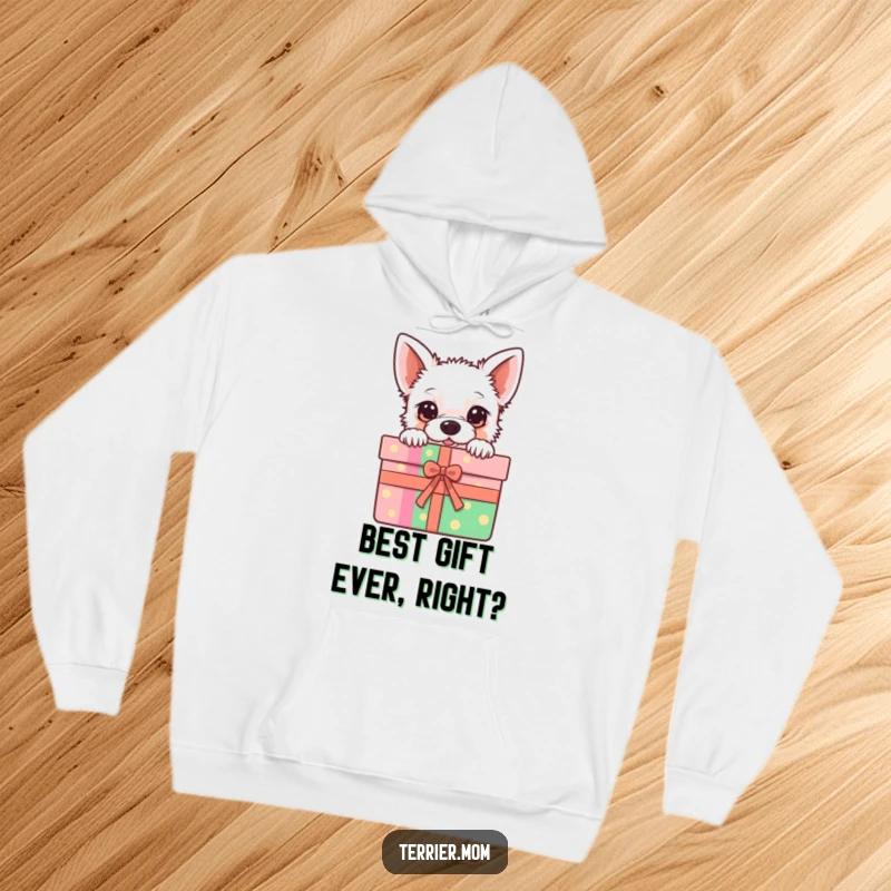 Funny Hoodie with a kawaii terrier peeking out from a colorful gift box, cozy and irresistibly cute.