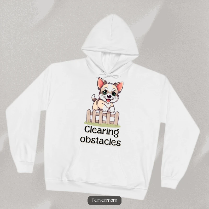 Funny leaping terrier hoodie showcasing a happy dog jumping over a fence.