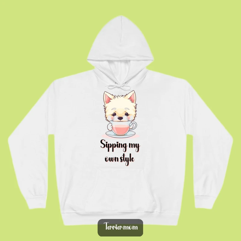 Cozy Funny Terrier Dog Hoodie: Contented Sips Tea Cup Comfort Gift