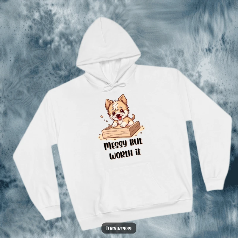 Funny Hoodie depicting a terrier happily digging in a sandbox, with dirt flying playfully, embodying carefree fun.