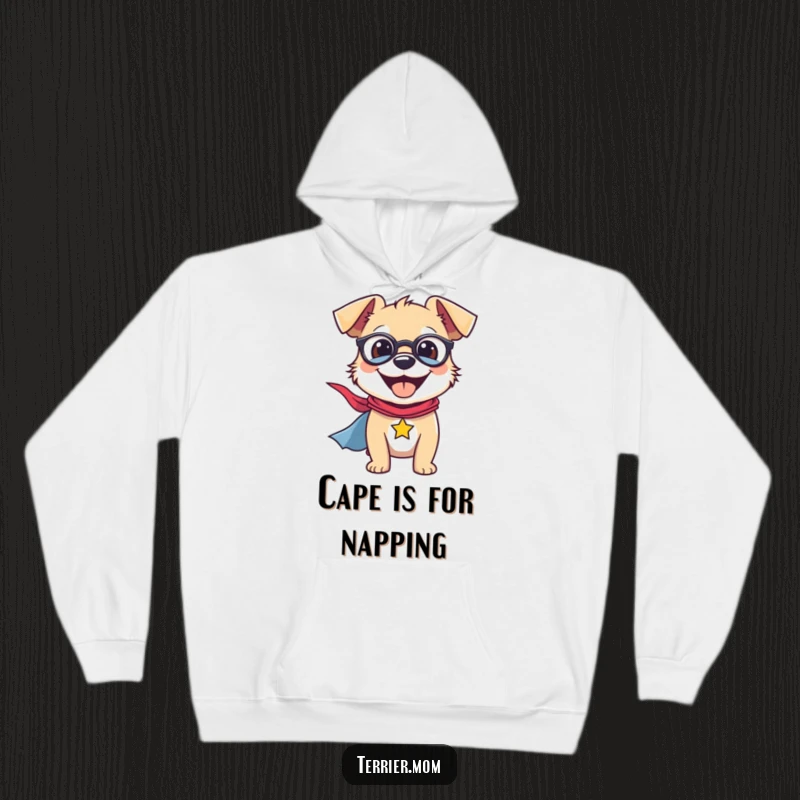 Funny Hoodie featuring a smiling terrier dog with a superhero cape, ready for heroic deeds, warm and inspiring.