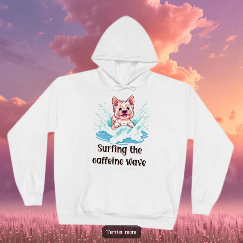 Funny terrier hoodie depicting a dog playfully splashing in a foamy wave, perfect for cozy beach vibes and warm comfort.