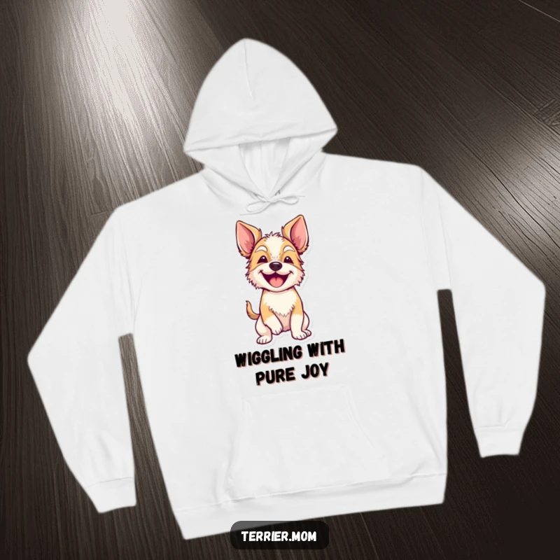 A cozy hoodie featuring a funny terrier with floppy ears doing a full-body wiggle of excitement, offering warm, happy vibes.