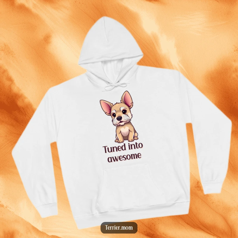 Funny terrier hoodie with oversized ears, depicted intently listening, perfect for staying warm and aware.