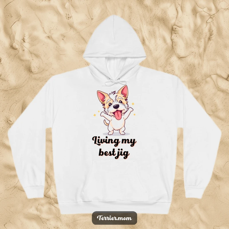 Funny terrier hoodie showing a dog dancing wildly with its tongue out, perfect for staying warm and lively.