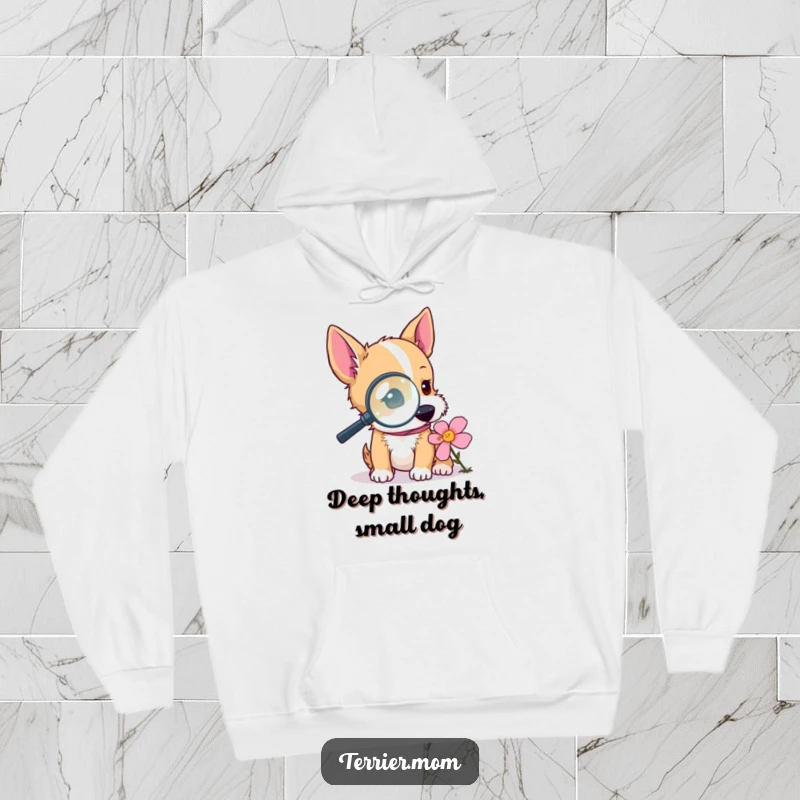 Funny terrier hoodie featuring a dog with a magnifying glass examining a flower, offering warmth and a humorous, investigative vibe for a funny gift.