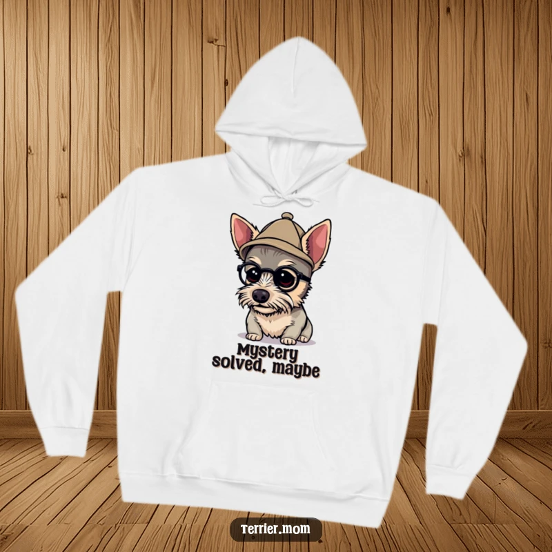 Funny detective terrier hoodie featuring a dog in a tiny hat, peering intently, ideal for staying warm while contemplating mysteries.