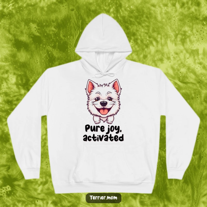 Funny hoodie featuring a grinning, panting terrier, radiating happiness and perfect for cozy, humorous wear.