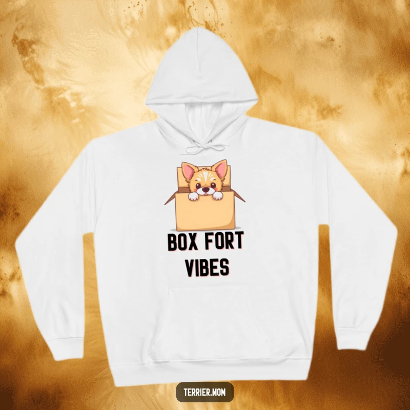 Funny hoodie depicting a terrier peeking out from a cardboard box, embodying playful curiosity.