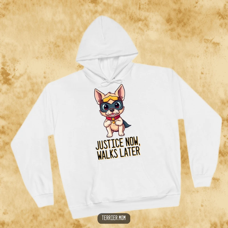 Funny hoodie showcasing a super-powered terrier dog in a mask, striking a bold and humorous pose for ultimate coziness.