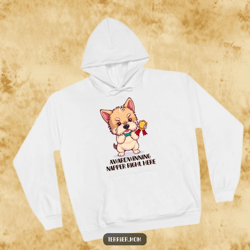 Funny terrier hoodie, a dog performing an exaggerated bow, showcasing a hilarious, award-winning moment with theatrical panache.