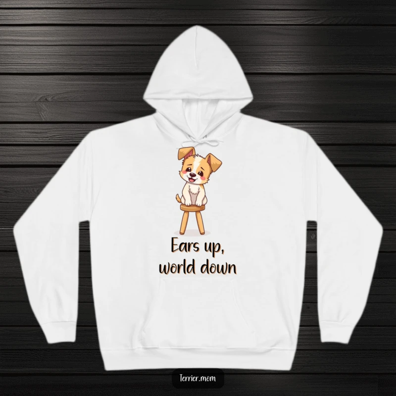 Funny Hoodie: A soft, comfortable hoodie displaying a comical scene of a terrier with floppy ears giggling on a stool.