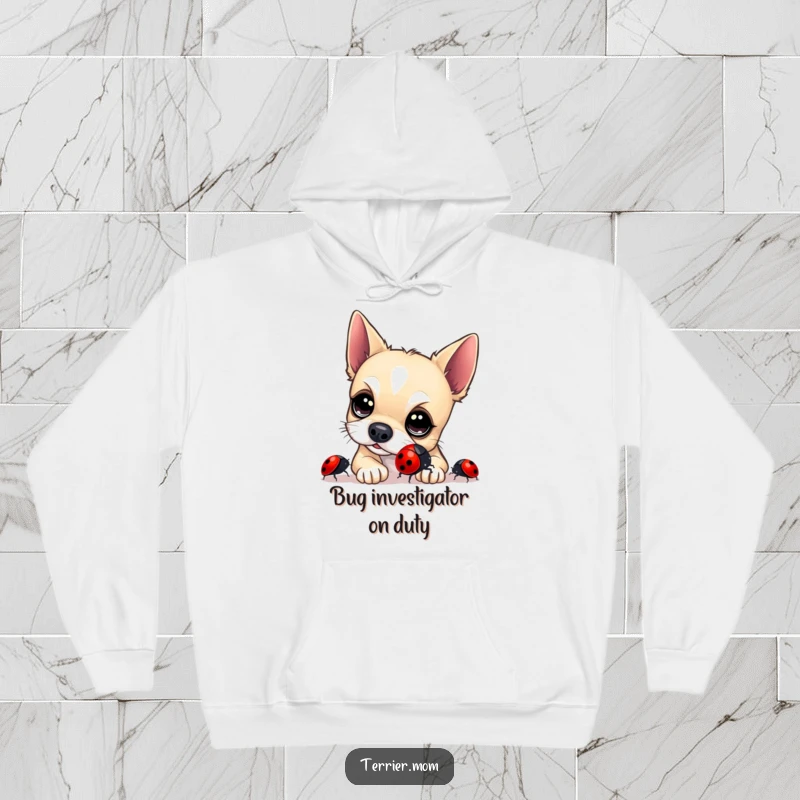 Funny Terrier Hoodie: A cute terrier with bright eyes shows intense curiosity examining a shiny ladybug, a heartwarming and humorous sight.