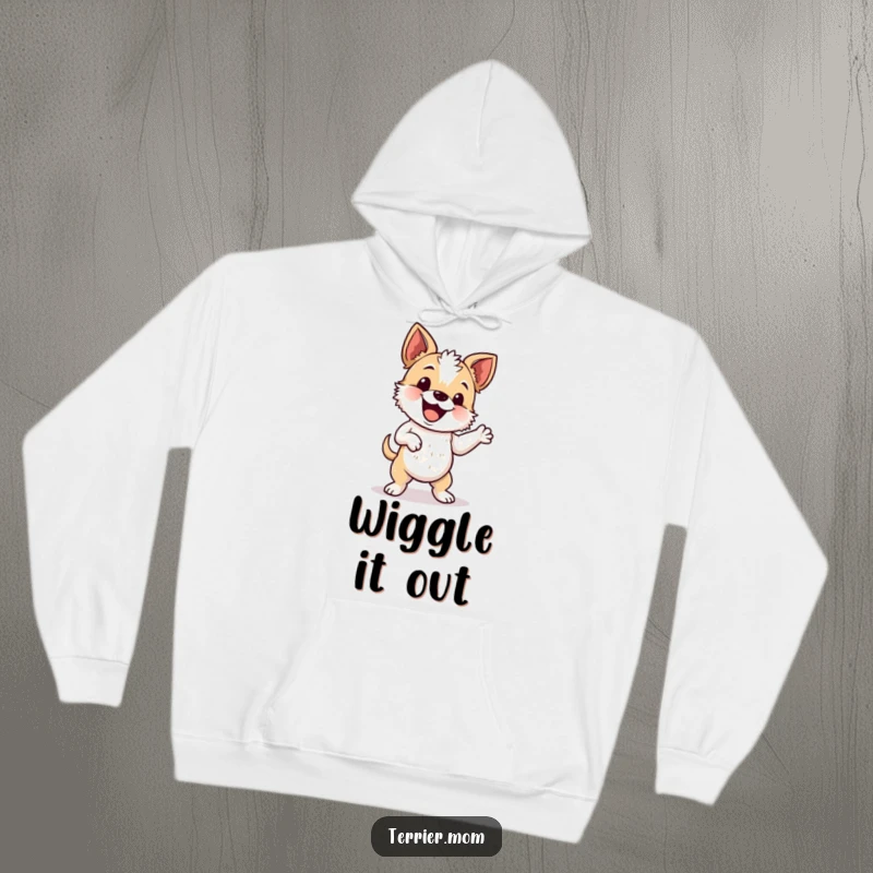 Funny hoodie featuring an energetic terrier doing a delightful wiggle dance, perfect for cozy fun.
