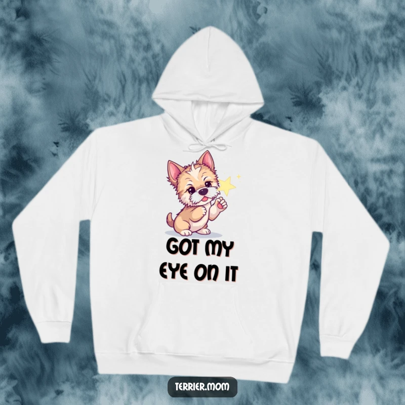 Funny hoodie featuring a curious Terrier dog reaching out to poke a sparkling star with its paw.