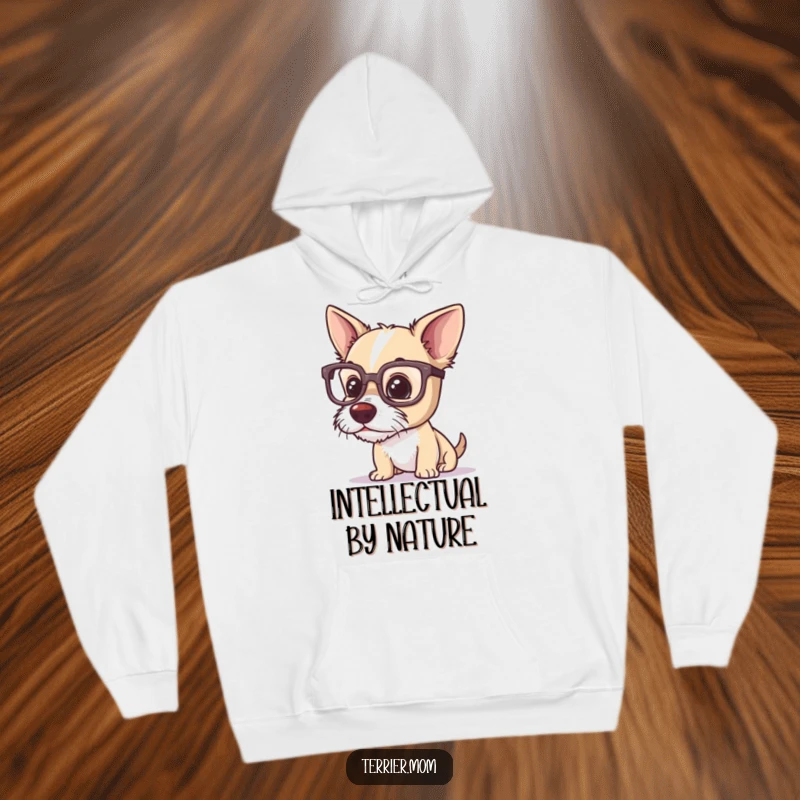 Funny terrier hoodie, a dog engrossed in tiny details, wearing oversized glasses, embodying a humorous intellectual pursuit.