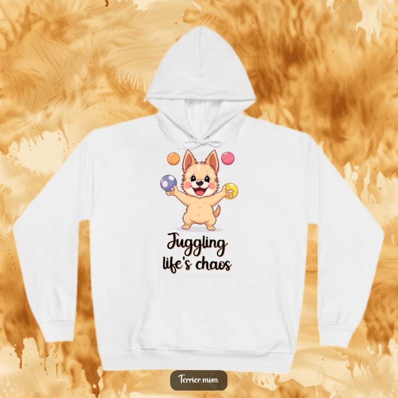 Funny Hoodie displaying a happy Terrier dog juggling four bright balls, perfect for staying warm and inspired by impressive feats.