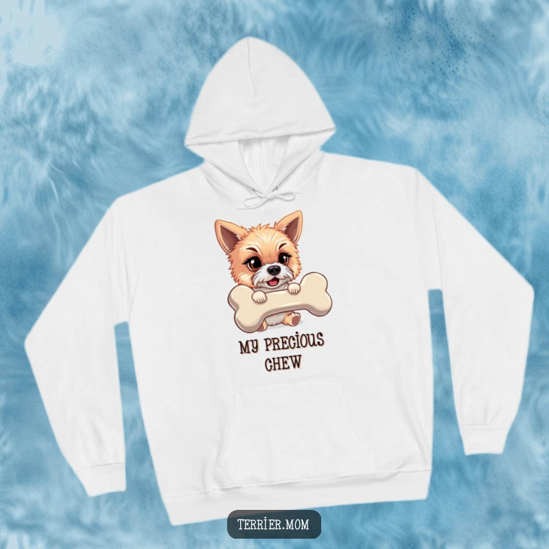 Funny hoodie with a mischievous terrier protectively holding a comically large bone, embodying pure doggy delight.