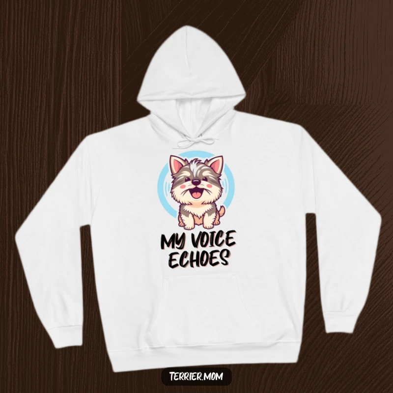 Funny Kawaii Terrier Dog Hoodie showcasing a cute dog whose cheerful bark is visualized as a sound wave, warm and expressive.