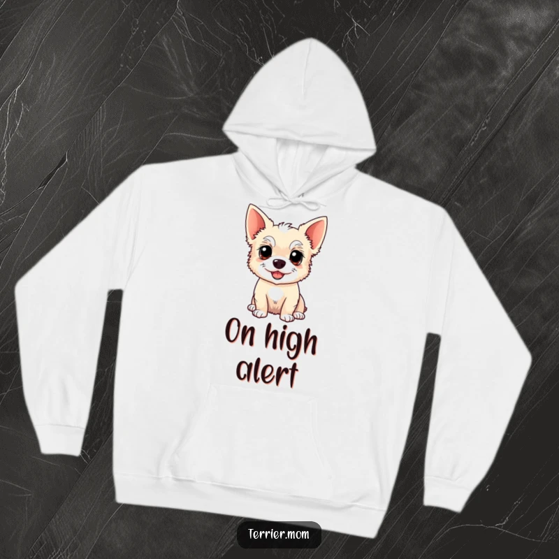 Funny Kawaii Terrier dog hoodie, soft and warm, showcasing an alert and happy dog with pointed ears, perfect for comfort seekers.