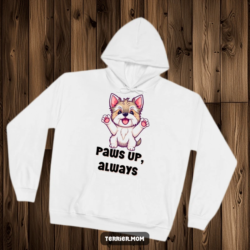 Funny Kawaii Terrier dog hoodie, featuring the adorable character with paws up in a big hooray, offering warmth and a smile.