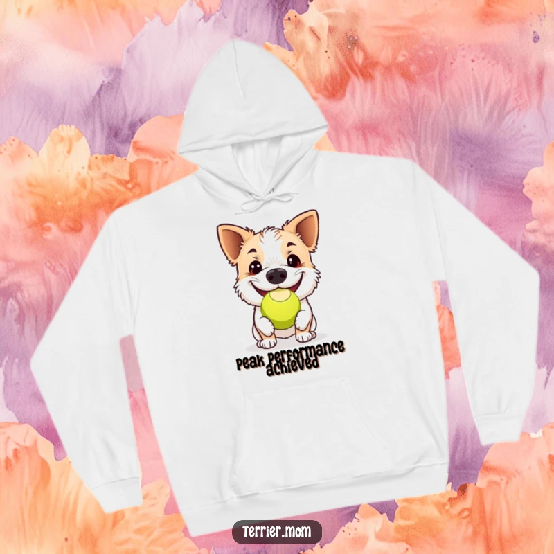 Funny terrier hoodie, a dog energetically bouncing a tennis ball with its nose, showcasing a huge, happy grin and playful spirit.