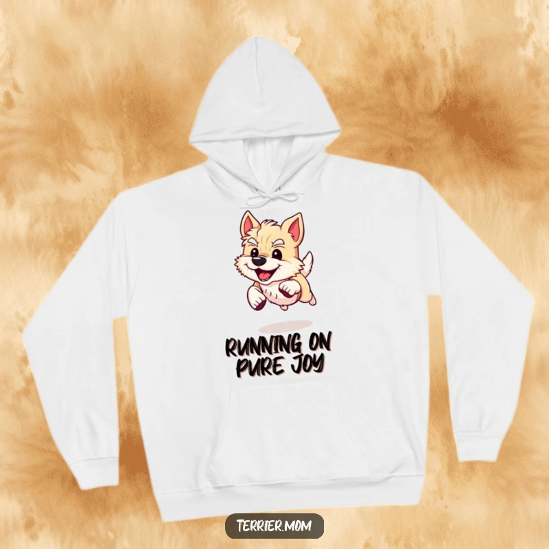 Funny Hoodie featuring an energetic Terrier dog mid-sprint with a joyful grin, perfect for staying warm and inspired.