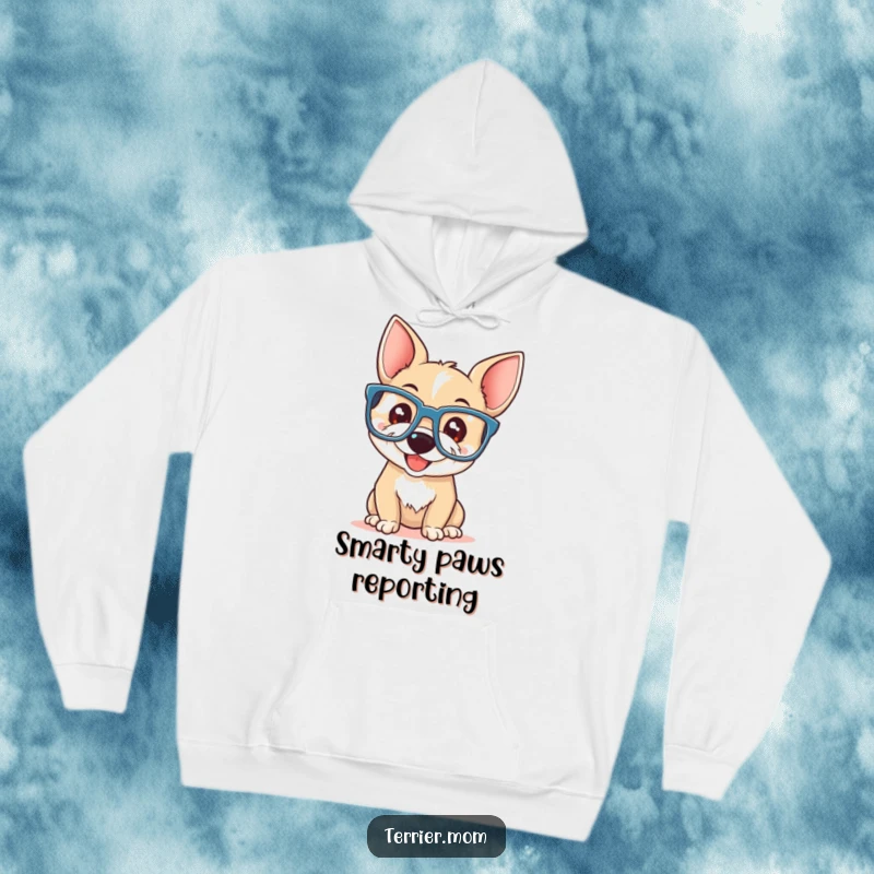 Funny terrier with a playful smile wearing oversized reading glasses, featured on a cozy hoodie.